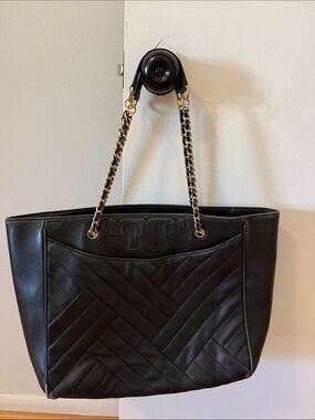 Tory Burch Black Quilted Tote with Gold Chain Handles
